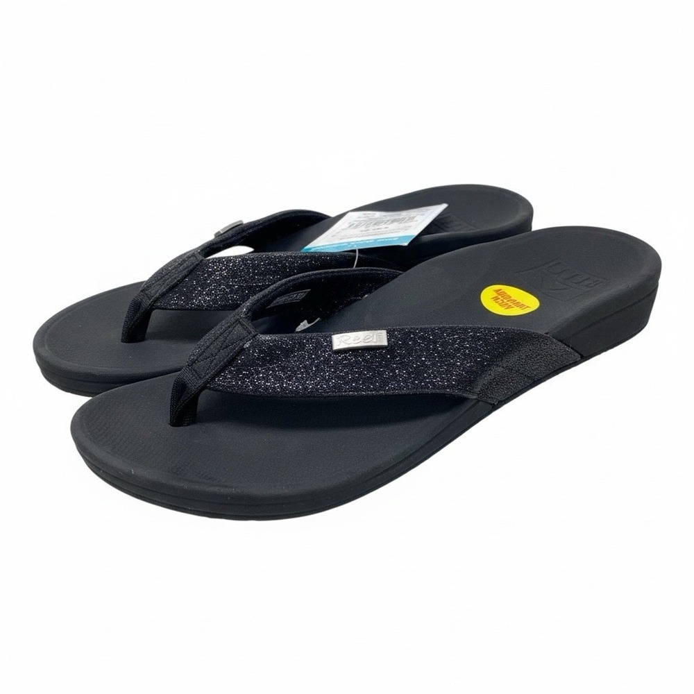 Reef Womens Size 6 Flip Flops Black Sparkle High Arch Support Sandals NWT